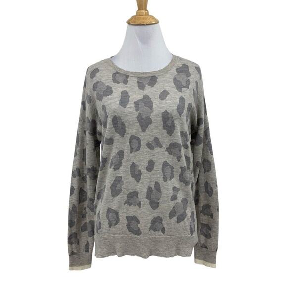 Sundry Sweater Womens 1 Small Gray Cashmere Merino Wool Blend Tonal Leopard Crew - Picture 1 of 15